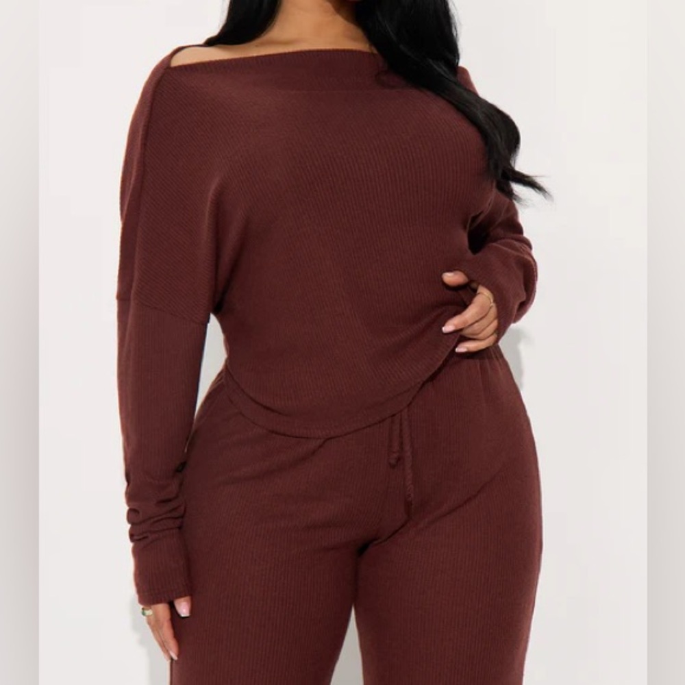 Plus Size Off-Shoulder Pants Set -Brown - Picture 5 of 6